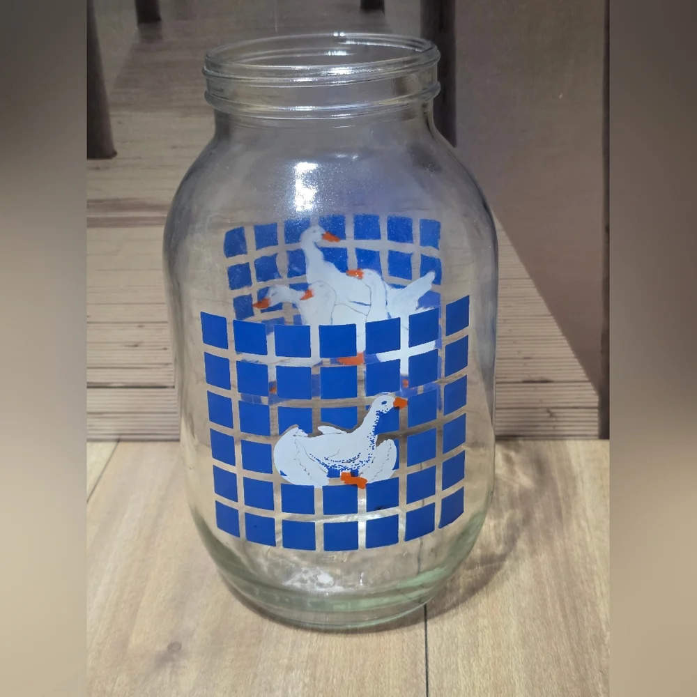 Glass Jar with Blue and White Design Vintage 1980's Era Carlton Glass Geese